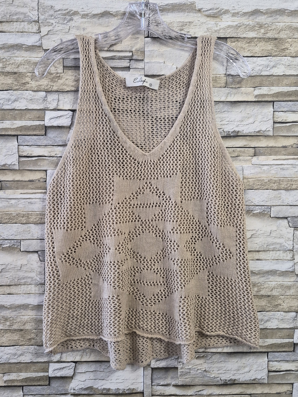 ​E.Leigh's Crochet Tank Top Women Medium Beige Boho Geometric Knit Summer Beach